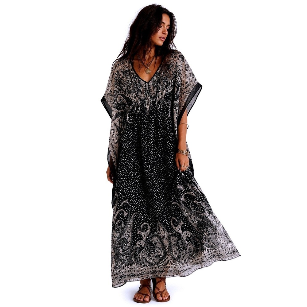 MPH Collection Black White Paisley Kaftan Maxi Dress V-Neck Boho Resort Wear S